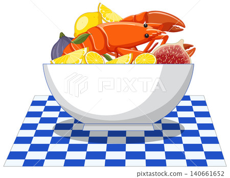 Vector Illustration of Cooked Lobster with Lemon and Figs in Bowl 140661652