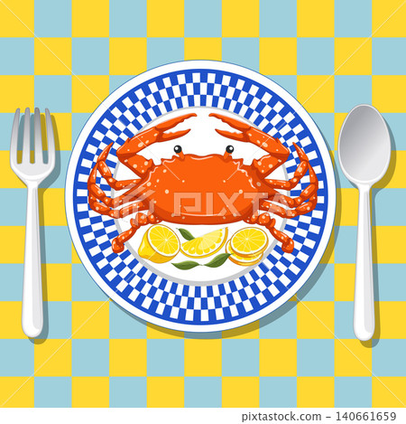 Top View of Mediterranean Crab Dish with Lemon and Cutlery Top View of Mediterranean Crab Dish with Lemon and Cutlery 140661659