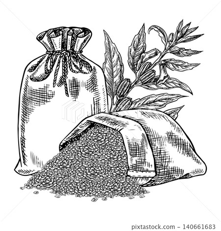 Sesame seeds in burlap bags and a sesame plant. Black and white vector graphics. Hand-drawn illustration. On a white background. Perfect for creating labels, packaging, menus, and more. Sesame seeds in burlap bags and a sesame plant. Black and white vector graphics. Hand-drawn illustration. On a white background. Perfect for creating labels, packaging, menus, and more. 140661683