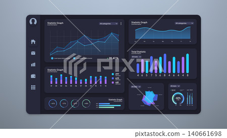 Web Dashboard Ui, Statistic Graphs, Data Charts and Diagrams Infographic Template Mockup. Dark Mode Dashboard, Vector Illustration Web Dashboard Ui, Statistic Graphs, Data Charts and Diagrams Infographic Template Mockup. Dark Mode Dashboard, Vector Illustration 140661698