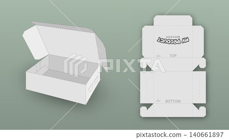 Simple Packaging Box Die Cut Cube Template with 3D Preview, White Editable Blueprint Layout with Cutting Lines, Vector Illustration Simple Packaging Box Die Cut Cube Template with 3D Preview, White Editable Blueprint Layout with Cutting Lines, Vector Illustration 140661897