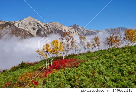 白馬山的山峰正值秋色最盛之時。 白馬山的山峰正值秋色最盛之時。 140662113