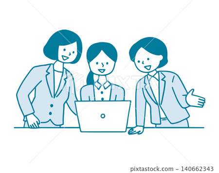 Female office workers exchanging opinions while looking at their computers. 140662343