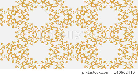 Luxurious golden seamless damask pattern featuring intricate vintage floral ornaments. Elegant baroque style background ideal for textile. Luxurious golden seamless damask pattern featuring intricate vintage floral ornaments. Elegant baroque style background ideal for textile. 140662419