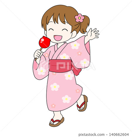 一幅插圖，描繪了一個穿著浴衣的女孩手拿糖蘋果。 140662604