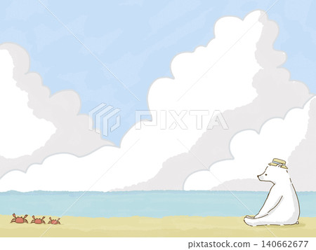 背景圖片為一隻北極熊坐在沙灘上。 背景圖片為一隻北極熊坐在沙灘上。 140662677