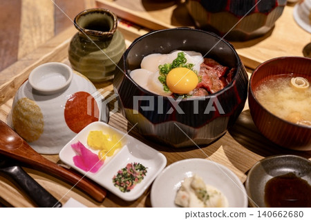 Scallop and beef hitsumabushi rice bowl Scallop and beef hitsumabushi rice bowl 140662680