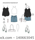 Dress-up fashion kit: Summer outfit illustration featuring a balloon camisole and denim mini skirt. Dress-up fashion kit: Summer outfit illustration featuring a balloon camisole and denim mini skirt. 140663045