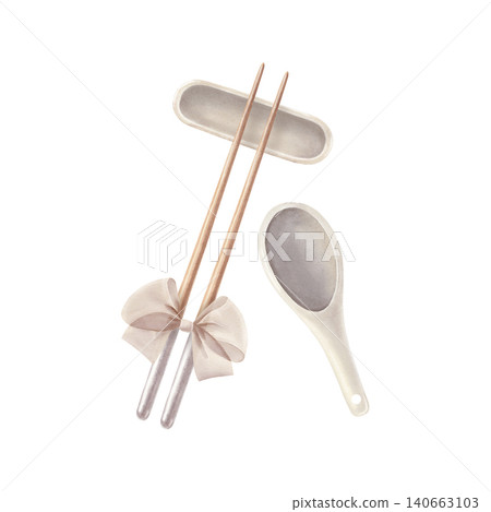 Asian dining accessories, Chinese chopsticks, rest, soup spoon, bow. Hand-painted watercolor illustration isolated on white for sushi, ramen menu, restaurant branding, tableware catalogs 140663103