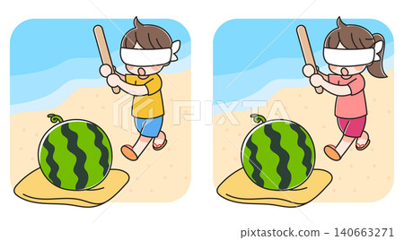 A set of illustrations of children enjoying watermelon smashing at the beach. 140663271