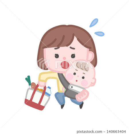 Mom shopping with her baby in a sling Mom shopping with her baby in a sling 140663404
