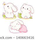 Set of little bunny in kawaii style. Tiny baby rabbit in multiple poses. Cute rabbit expression sheet collection. Can be used for t-shirt print, sticker, badge, greeting card. Vector illustration EPS8 140663416
