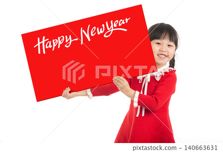 Smiling Asian girl holding a big red blank board with "happy new year" text, banner for advertising with copy space. Smiling Asian girl holding a big red blank board with "happy new year" text, banner for advertising with copy space. 140663631
