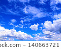 White clouds in the blue sky. Beautiful nature landscape. The azure expanse of the sky is adorned with pristine white clouds, creating a picturesque natural scene 140663721