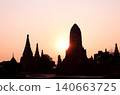 Sunset scene in Wat Chaiwatthanaram, Thailand. Picturesque scene with old temple, stupa and tree, Thailand, Southeast Asia. Topic of vacation, travel, trip, cruise, tour. Photo toned in yellow color 140663725