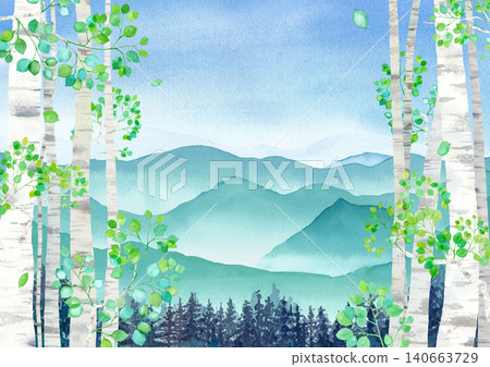 A watercolor illustration of a cool mountain landscape, viewed from a birch-lined plateau in summer. 140663729
