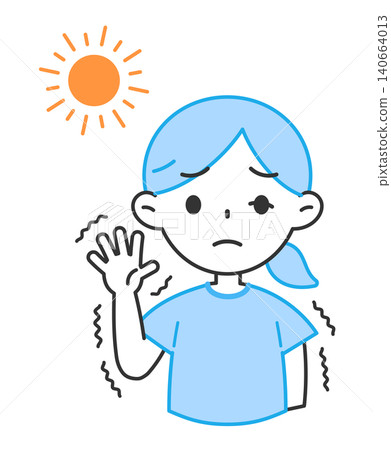 插圖描繪了一名因中暑而雙手顫抖的女子；抽搐，震顫。 140664013