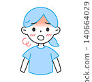 Illustration of a woman with high body temperature; fever, heatstroke, flushing. 140664029