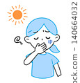 An illustration of a woman who looks like she's about to vomit due to heatstroke; nausea, feeling unwell, discomfort. 140664032