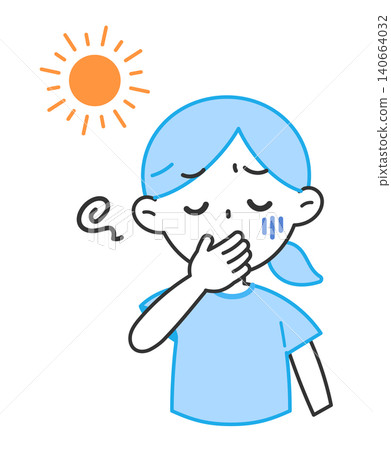 An illustration of a woman who looks like she's about to vomit due to heatstroke; nausea, feeling unwell, discomfort. An illustration of a woman who looks like she's about to vomit due to heatstroke; nausea, feeling unwell, discomfort. 140664032