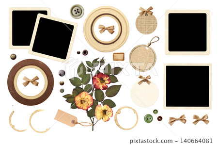 Collection of vintage element for scrapbooking. Nostalgic set of retro photo, wood frame, button, linen bow, dried rose flower, paper tag. Can be used for retro, nostalgic design. Isolated on white Collection of vintage element for scrapbooking. Nostalgic set of retro photo, wood frame, button, linen bow, dried rose flower, paper tag. Can be used for retro, nostalgic design. Isolated on white 140664081