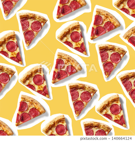 Pattern of Pepperoni Pizza Slices Stickers on Yellow Background Pattern of Pepperoni Pizza Slices Stickers on Yellow Background 140664124