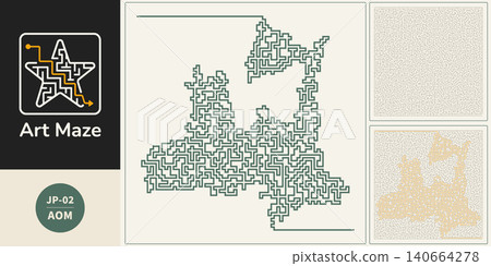 A minimalist graphic art piece depicting the silhouette of Aomori Prefecture using maze-like lines. 140664278