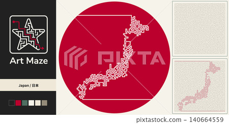 Graphic design featuring a silhouette of a map of Japan and a maze pattern against an abstract red and white background. Graphic design featuring a silhouette of a map of Japan and a maze pattern against an abstract red and white background. 140664559