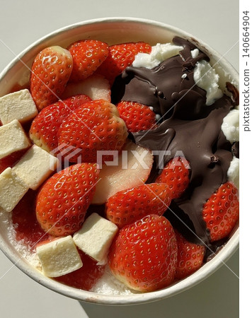 Swirled yogurt ice cream dessert served in a cup, smooth creamy texture with glossy surface, topped with fresh fruit pieces, highlighting its refreshing and inviting appearance in detail Swirled yogurt ice cream dessert served in a cup, smooth creamy texture with glossy surface, topped with fresh fruit pieces, highlighting its refreshing and inviting appearance in detail 140664904