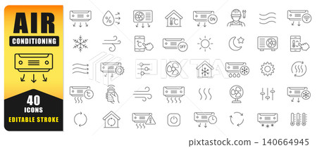 Air Conditioning Line Icon Set Featuring HVAC Systems, Cooling, Heating, Ventilation, Thermostat Controls, Smart Climate Management, Airflow, Energy Efficiency, And Home Comfort Symbols. Vector Icons. Air Conditioning Line Icon Set Featuring HVAC Systems, Cooling, Heating, Ventilation, Thermostat Controls, Smart Climate Management, Airflow, Energy Efficiency, And Home Comfort Symbols. Vector Icons. 140664945