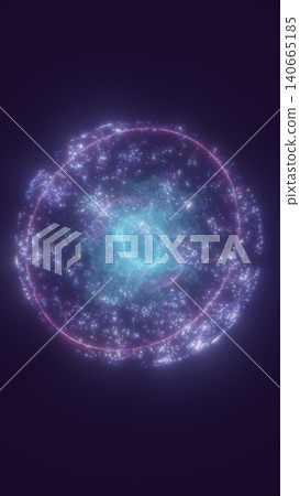 Glowing cosmic particle sphere with bright nebula core, star clusters, and purple space background for science and universe concepts. Glowing cosmic particle sphere with bright nebula core, star clusters, and purple space background for science and universe concepts. 140665185