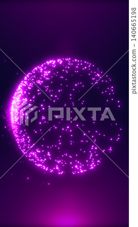 Abstract magenta particle sphere with glowing dots, digital cosmic form, and futuristic data network atmosphere. 140665198