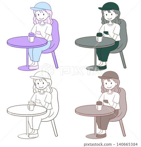 一組描繪女孩們在咖啡館消磨時光的圖片。 一組描繪女孩們在咖啡館消磨時光的圖片。 140665384