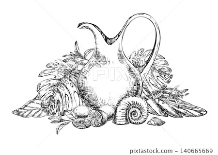 Ceramic pitcher with monstera leaves and lemons line art sketch. Hand drawn black ink tropical layout with seashell isolated on white for exotic restaurant branding and citrus beverage menu Ceramic pitcher with monstera leaves and lemons line art sketch. Hand drawn black ink tropical layout with seashell isolated on white for exotic restaurant branding and citrus beverage menu 140665669