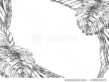 Tropical leaves frame hand drawn line art illustration. Black ink border with monstera and banana foliage sketch for exotic wedding invitation, summer party banner, and copy space card template Tropical leaves frame hand drawn line art illustration. Black ink border with monstera and banana foliage sketch for exotic wedding invitation, summer party banner, and copy space card template 140665670