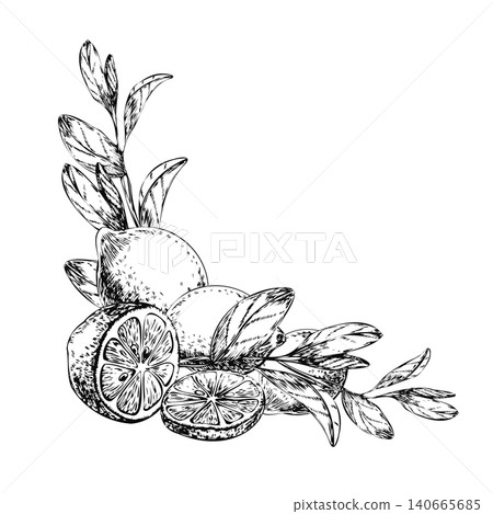 Lemon corner vignette with whole fruits and cut slices sketch. Hand drawn black ink citrus branches composition isolated on white for mediterranean restaurant menu header and recipe card 140665685