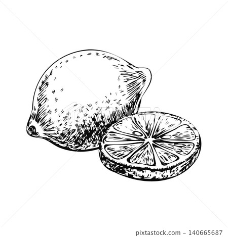 Whole lemon with round slice hand drawn line art sketch. Black ink citrus fruit composition isolated on white for mediterranean food market banner, eco grocery logo, and kitchen poster print Whole lemon with round slice hand drawn line art sketch. Black ink citrus fruit composition isolated on white for mediterranean food market banner, eco grocery logo, and kitchen poster print 140665687