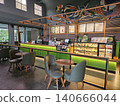 Modern coffee shop interior featuring a vibrant illuminated green service counter, stylish wooden bar. 140666044