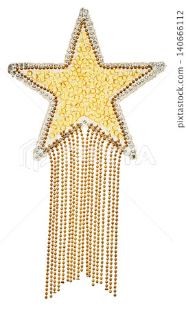 Gold bead and rhinestone star-shaped ornament, ball chain fringe, white background cutout. Gold bead and rhinestone star-shaped ornament, ball chain fringe, white background cutout. 140666112