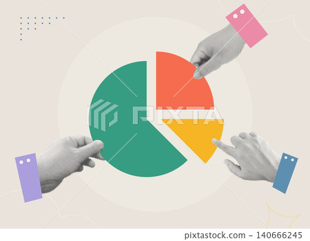 Trendy Halftone Collage of three hands pointing at sections of a colorful pie chart, representing revenue share and profit distribution. Perfect for finance, business, analytics, and investment conten Trendy Halftone Collage of three hands pointing at sections of a colorful pie chart, representing revenue share and profit distribution. Perfect for finance, business, analytics, and investment conten 140666245