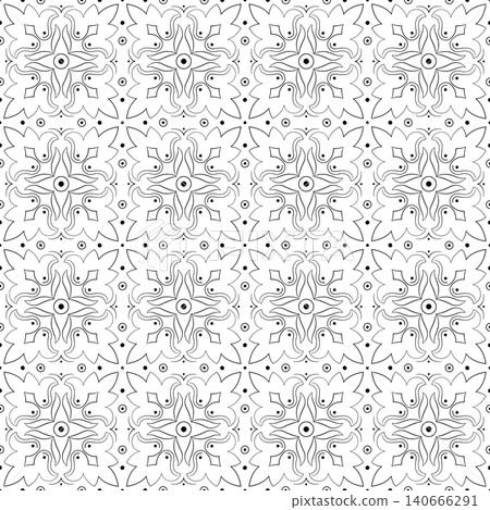 Traditional ethnic floral seamless pattern of curved leaves. Monochrome ornament on transparent background. Plant ornamental coloring page Traditional ethnic floral seamless pattern of curved leaves. Monochrome ornament on transparent background. Plant ornamental coloring page 140666291