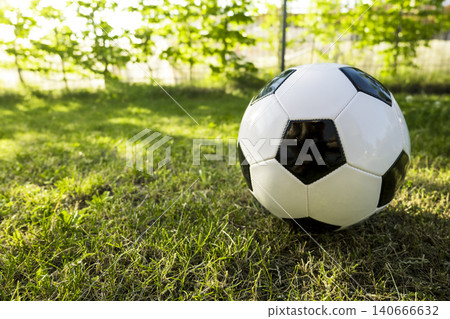 Classic black and white soccer ball on a grass, representing an iconic symbol of the Soccer World Cup and global football events. Classic black and white soccer ball on a grass, representing an iconic symbol of the Soccer World Cup and global football events. 140666632