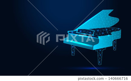 Neon low poly wireframe grand piano on dark blue background. Neon low poly wireframe grand piano on dark blue background. 140666716