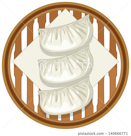 Steamed Dumplings in Bamboo Basket Top View Illustration Steamed Dumplings in Bamboo Basket Top View Illustration 140666771