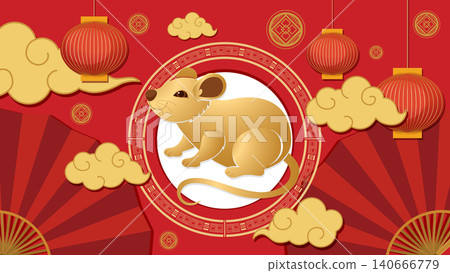 Chinese Zodiac Golden Rat Illustration with Red Lanterns and Clouds Chinese Zodiac Golden Rat Illustration with Red Lanterns and Clouds 140666779