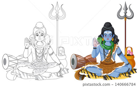 Hindu God Shiva Meditating with Trident and Snake in Cartoon Vector Style 140666784