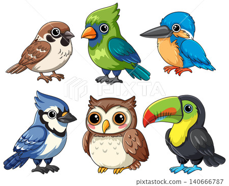 Collection of Six Cute Cartoon Birds in Flat Vector Style Collection of Six Cute Cartoon Birds in Flat Vector Style 140666787