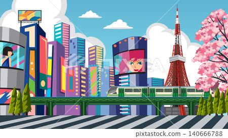 Vibrant Vector Illustration of a Modern Japanese Cityscape with Train and Tower Vibrant Vector Illustration of a Modern Japanese Cityscape with Train and Tower 140666788