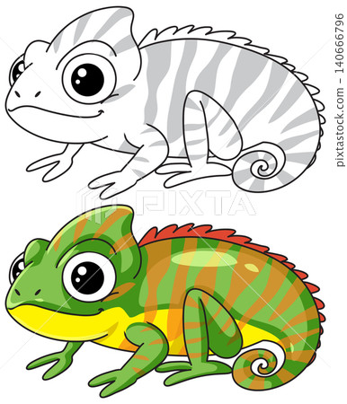 Cute Cartoon Chameleon Vector Illustration in Color and Black and White Cute Cartoon Chameleon Vector Illustration in Color and Black and White 140666796