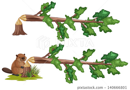 Vector Illustration of a Beaver Gnawing on a Fallen Tree 140666801